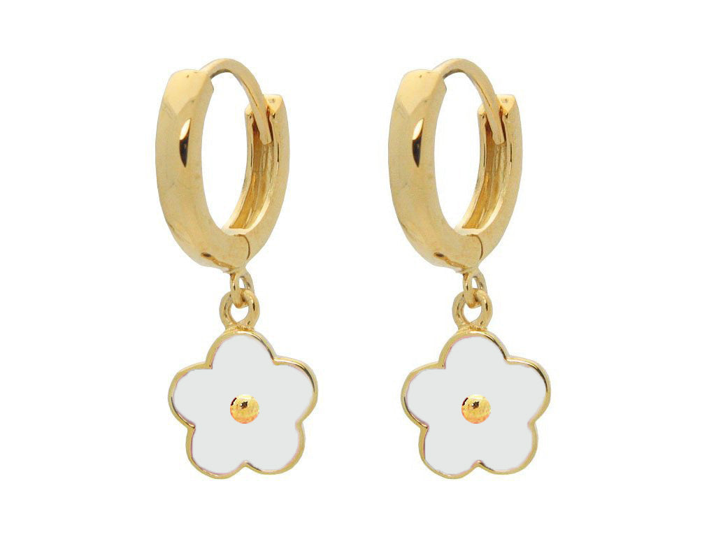 Children's White Flower Huggie Gold Plated Earrings