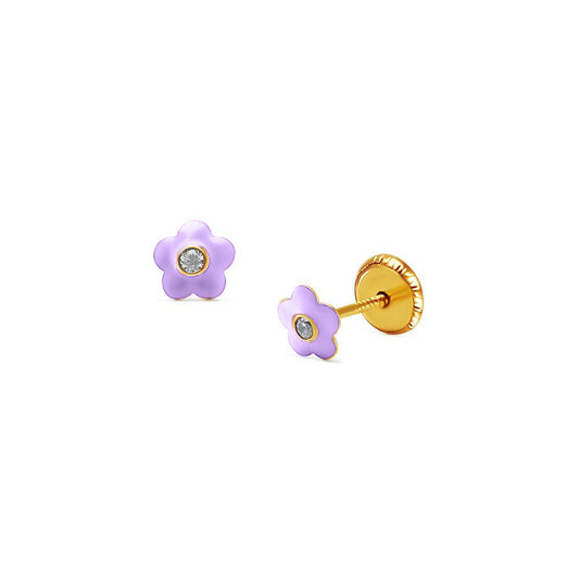 Children's 18k Yellow Gold Purple Enamel Flower Earrings with Cubic Zirconia