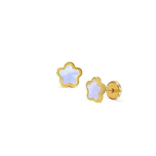 14k Solid Yellow Gold Pearl Flower Earrings