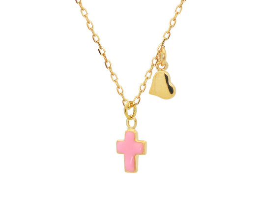 Children's Pink Cross + Heart Charm