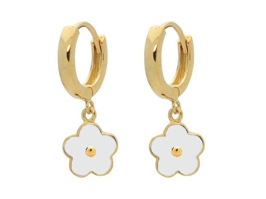 Children's White Flower Huggie Gold Plated Earrings
