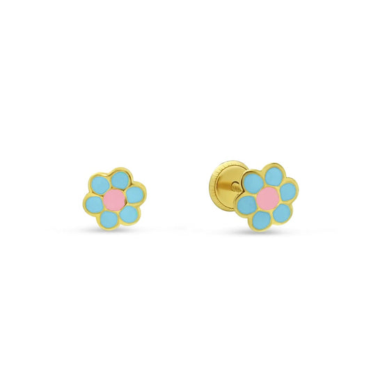 14k Solid Gold and Enamel Flower Children's Earrings