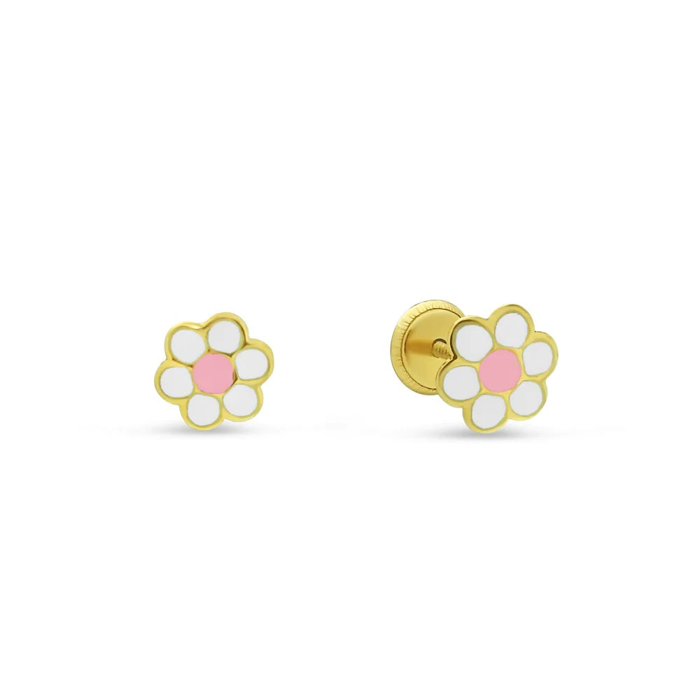 14k Solid Gold and Enamel Flower Children's Earrings